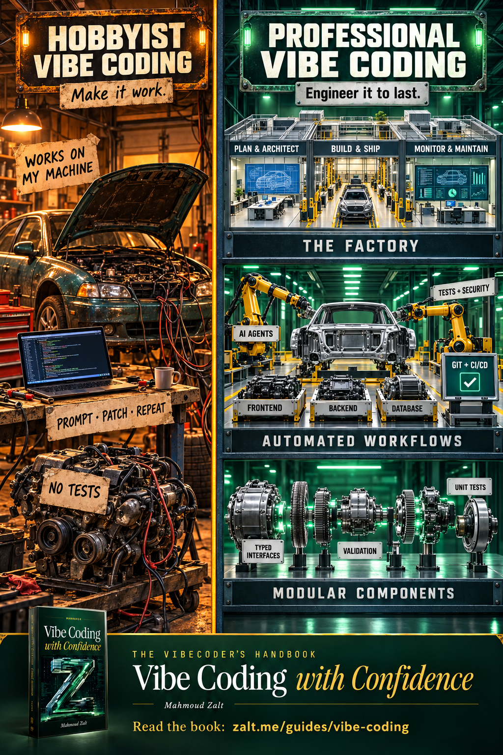 Vibe Coding with Confidence handbook poster showing the journey from hobbyist vibe coding to professional production software